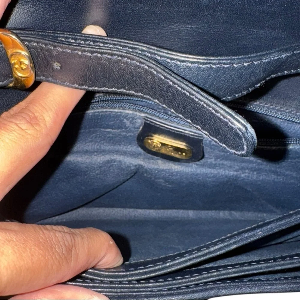 Vintage Gucci GG Monogram Shoulder Bag Navy Leather Trim | Unused 1970s